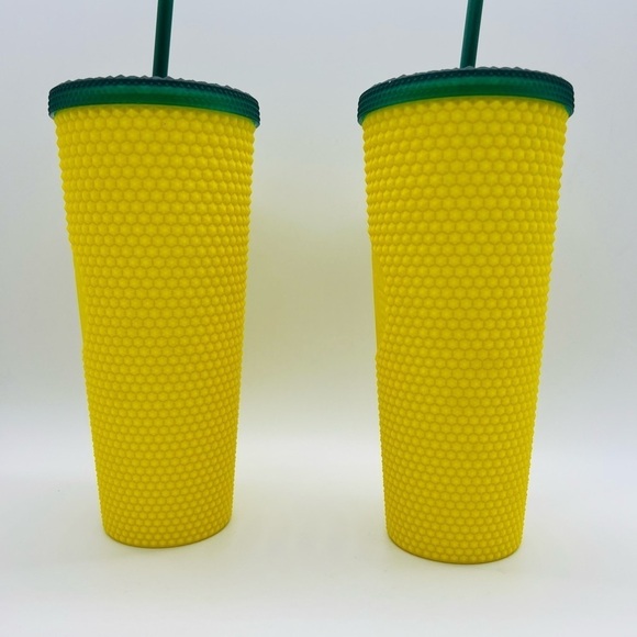 STARBUCKS SET OF 2 YELLOW & GREEN DRINK HOLDER WITH STRAW AND LID 20 OZ - Picture 3 of 14